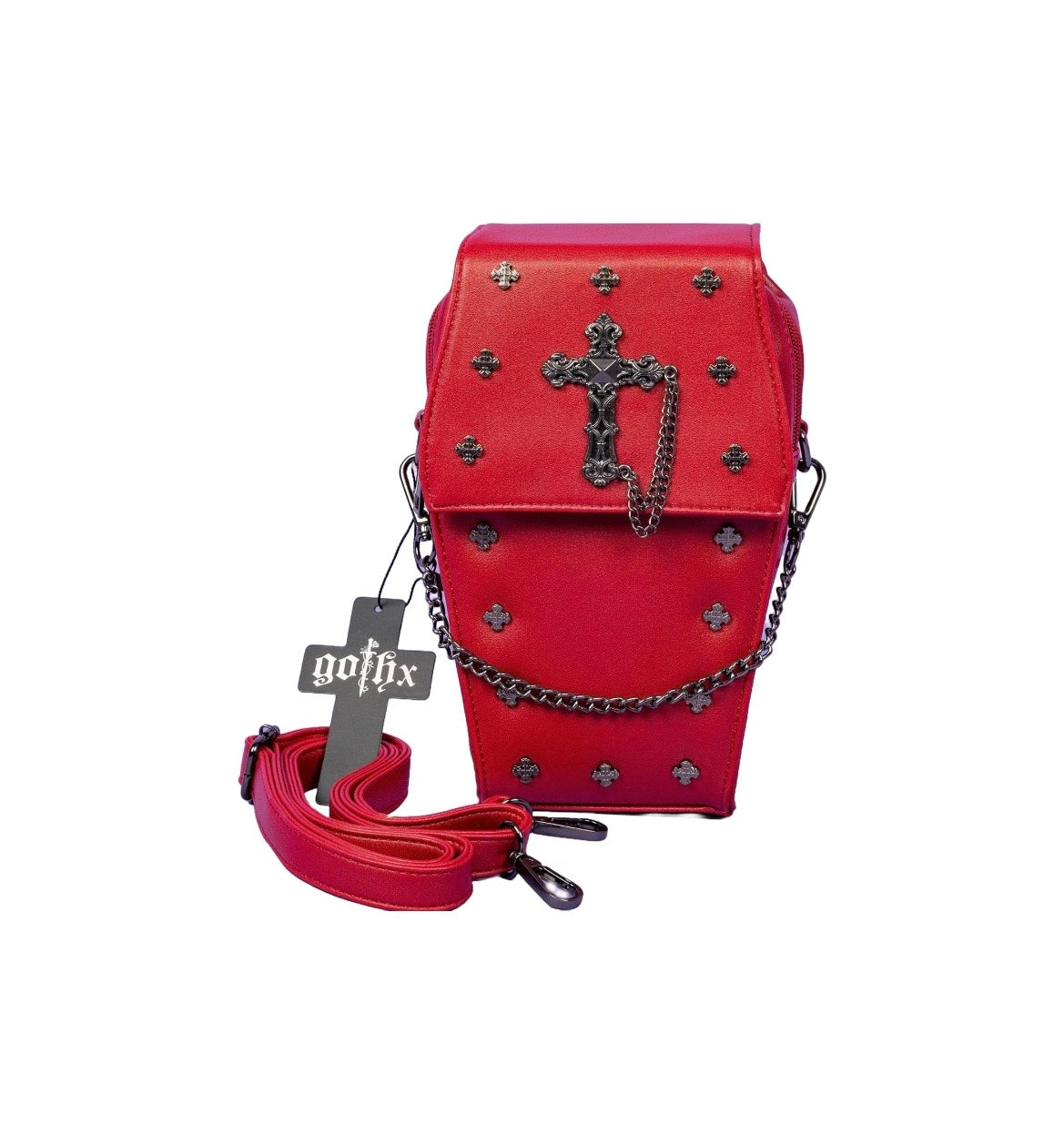 Mini Red Coffin Chain Bag With Metal Crucifix