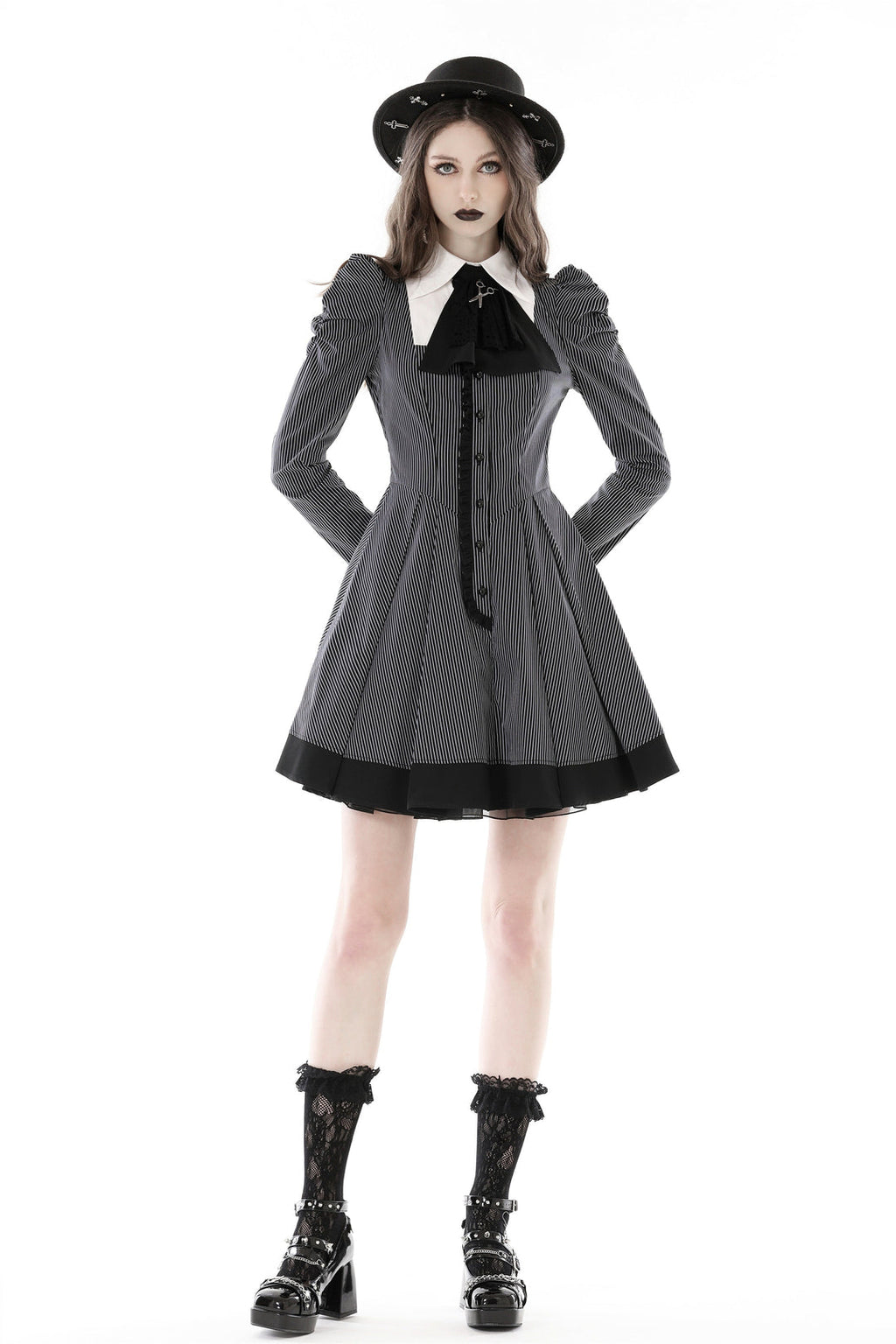Pinstripe Scissor Cravat Collar Dress