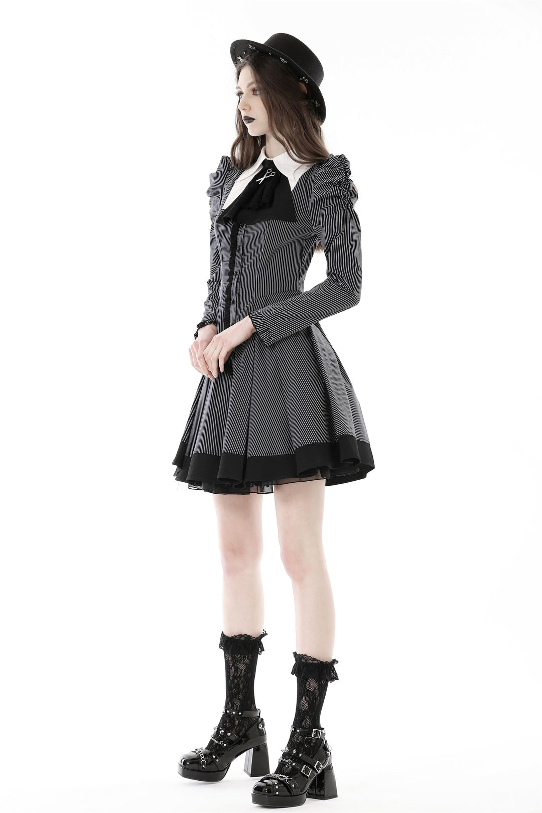 Pinstripe Scissor Cravat Collar Dress