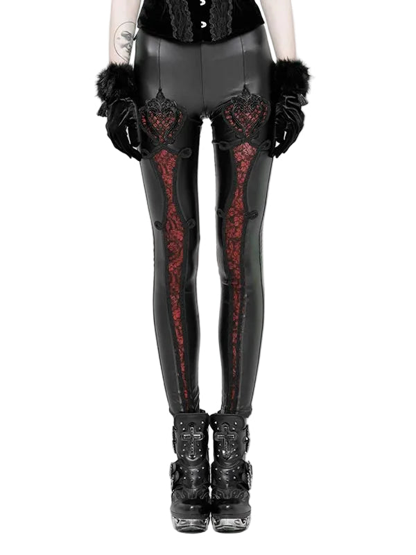 Black & Red Gothic Lace PU Leather Leggings