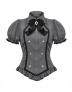 Pinstripe Ribbon Cat Broach Collar Blouse