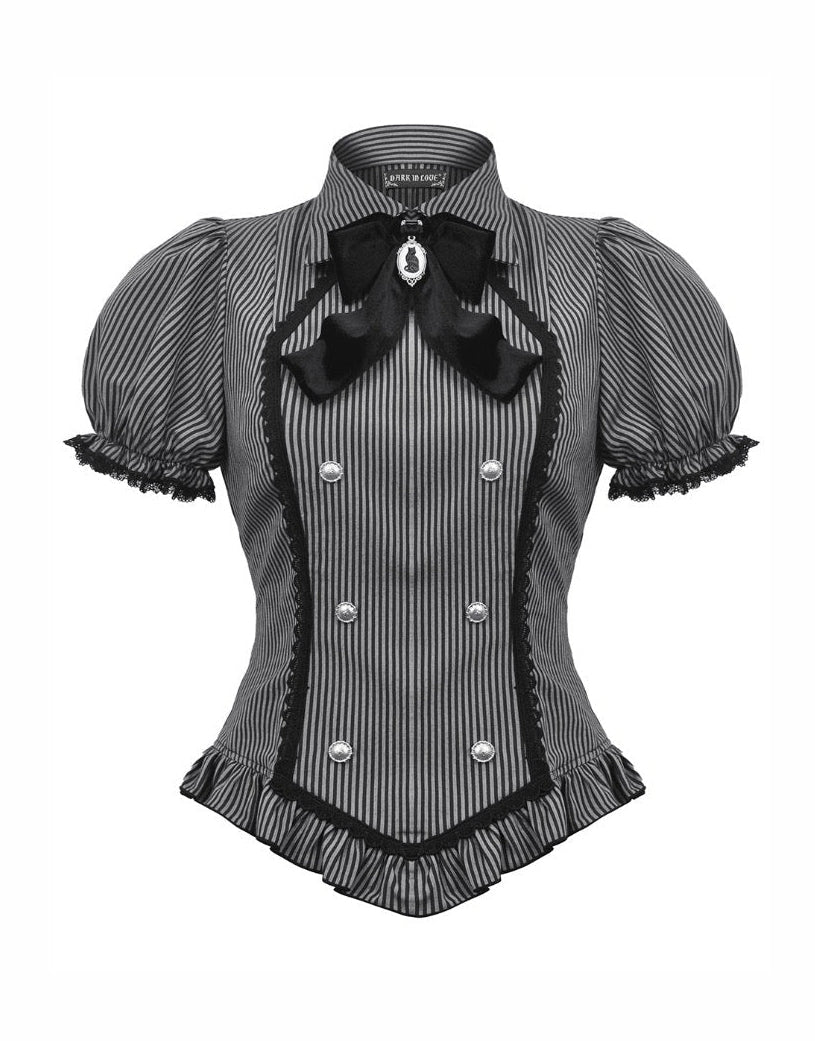 Pinstripe Ribbon Cat Broach Collar Blouse