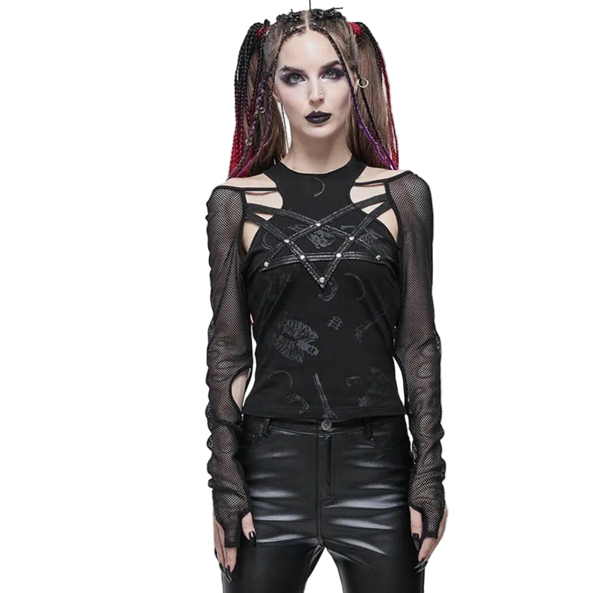 Pentagram Net Sleeve Shoulder Cutout Top