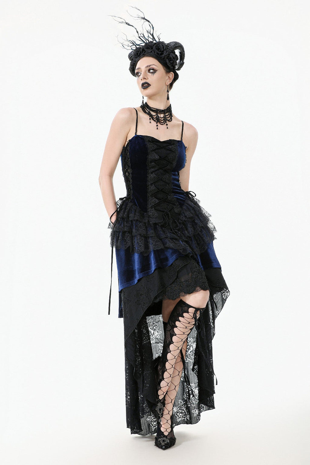 Royal Indigo Velvet Lace Hi-Lo Dress