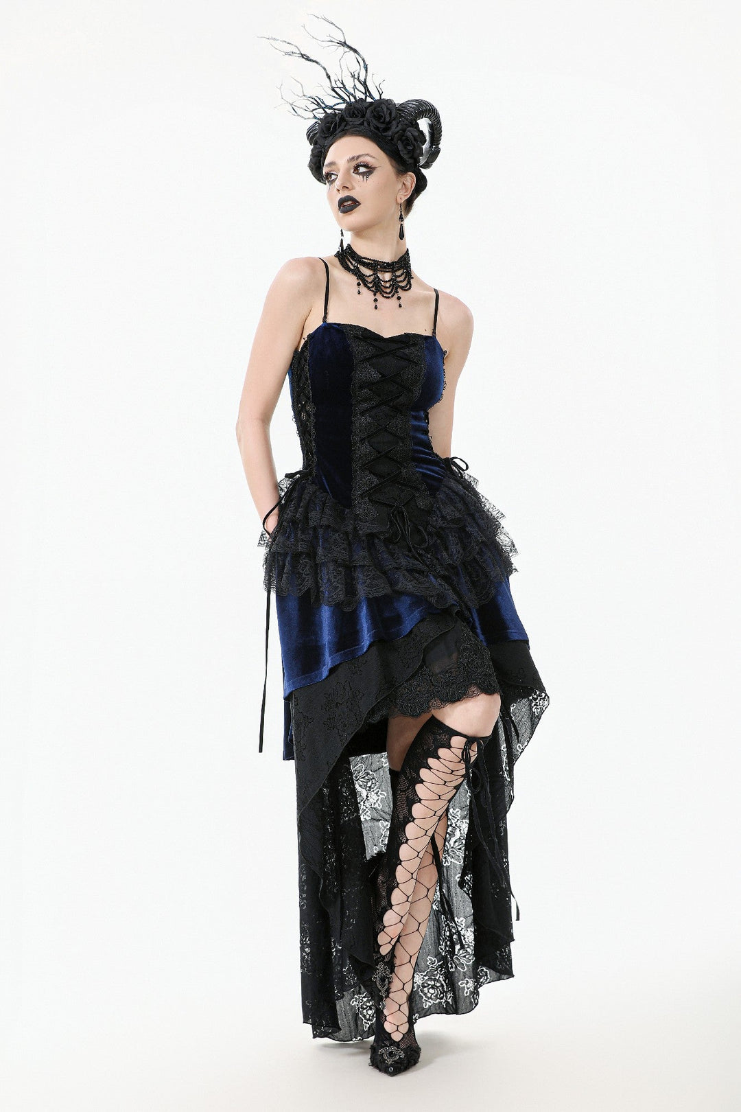 Royal Indigo Velvet Lace Hi-Lo Dress