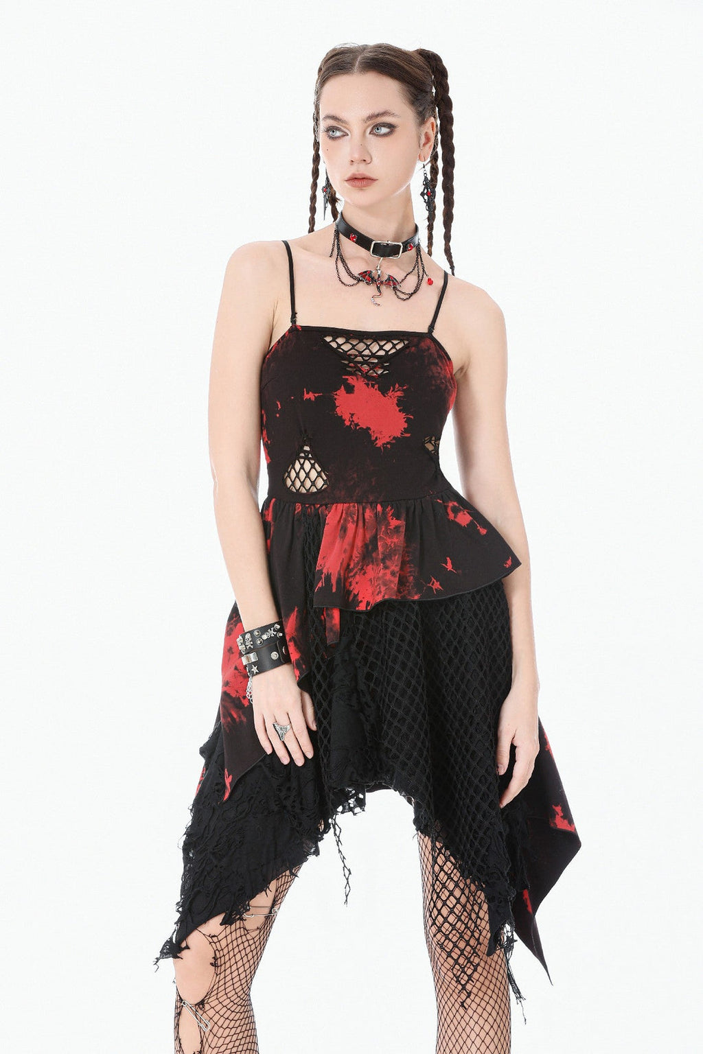 Black & Red Tie Dye Net Layered Dress