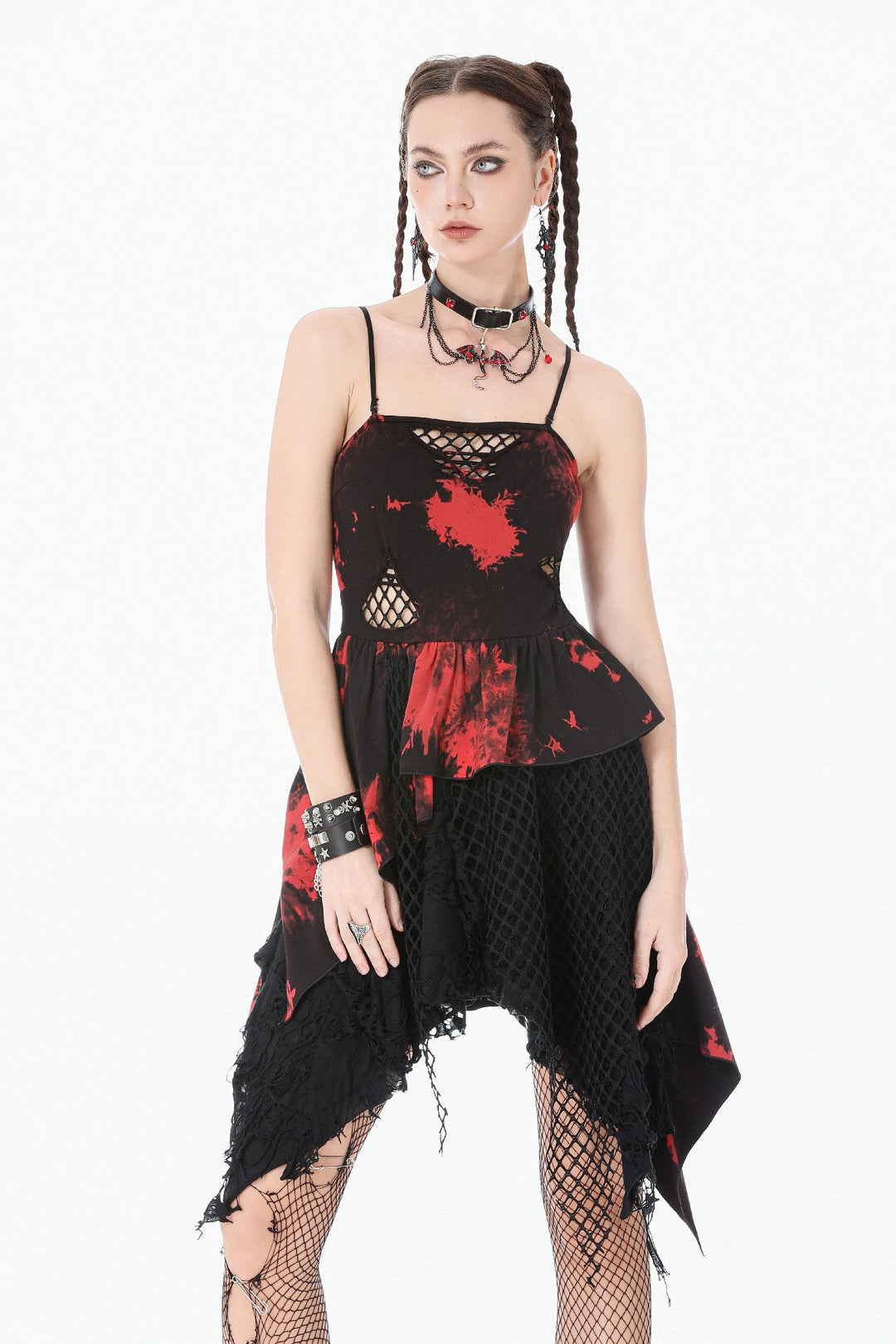 Black & Red Tie Dye Net Layered Dress