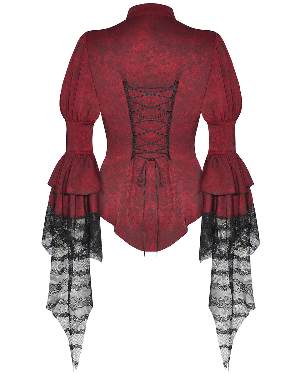 Red Ruffle Neck Trail Sleeve Blouse