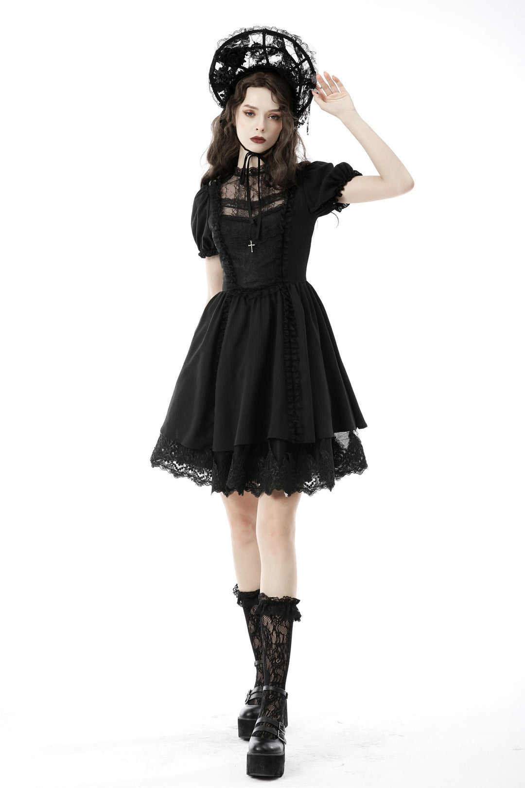 Vintage Netted Neck Puff Sleeve Dress