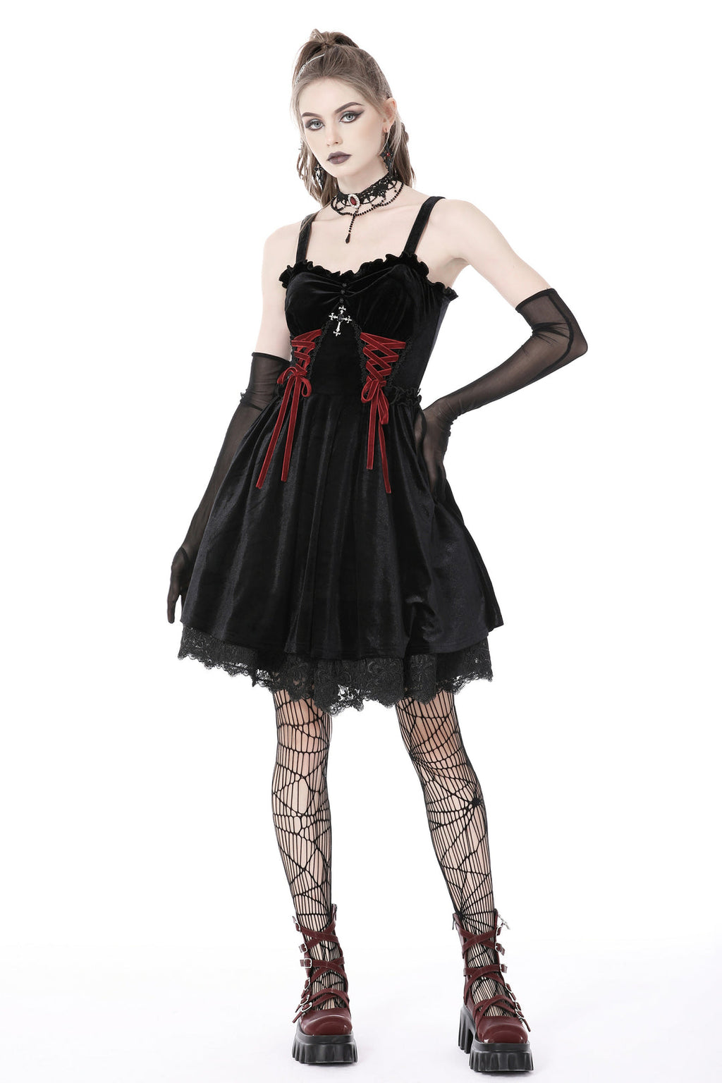 Bloody Lace Up Velvet Dress