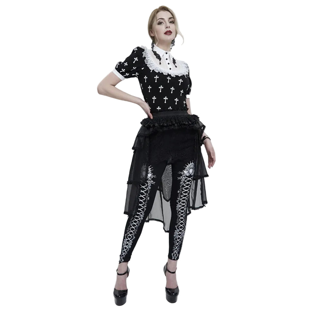 White Frill Crucifix Print Blouse