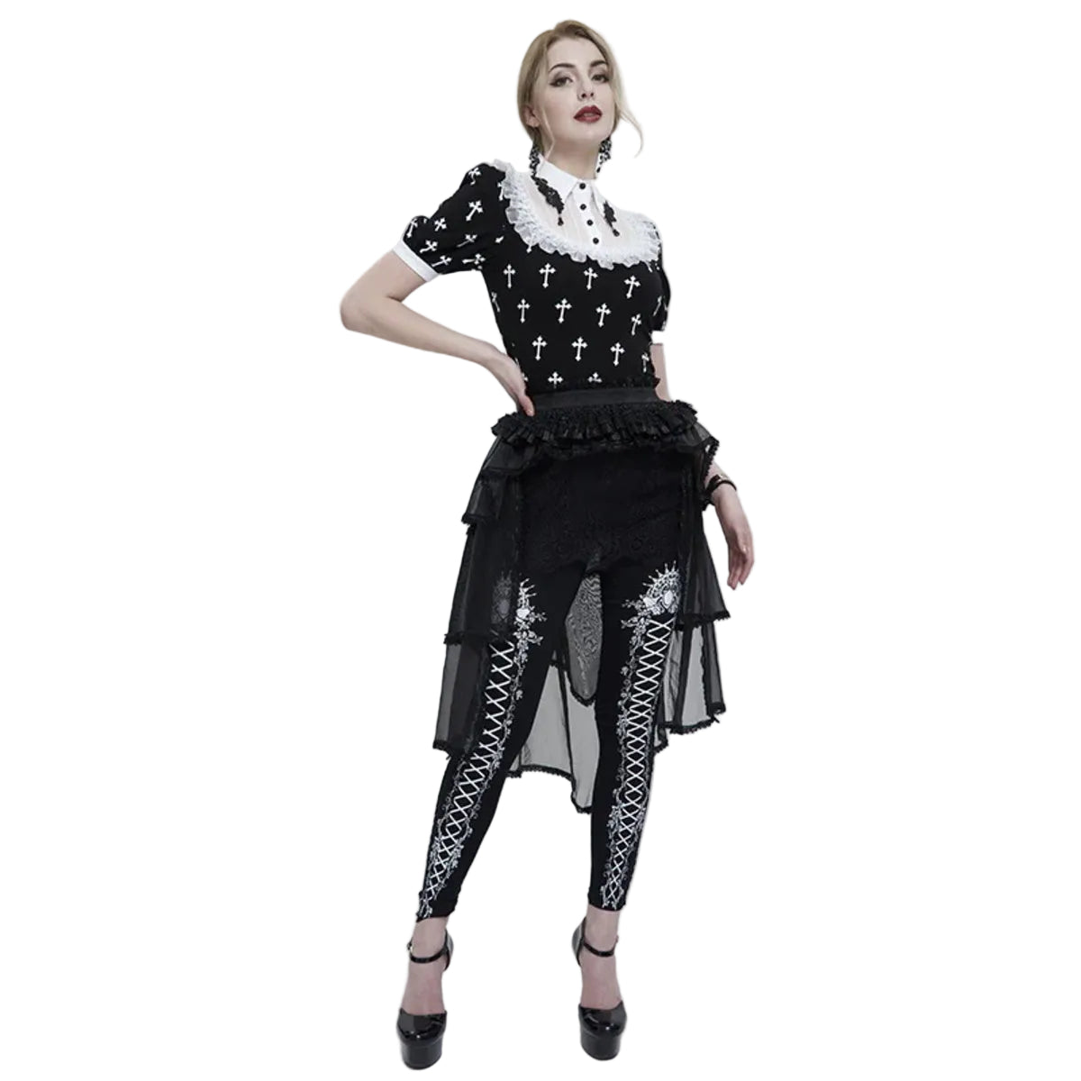 White Frill Crucifix Print Blouse