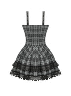 Grey Plaid Lace Up Mini Dress