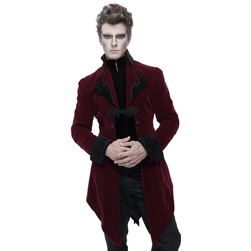Man wearing a burgundy coat with black trim on a white background