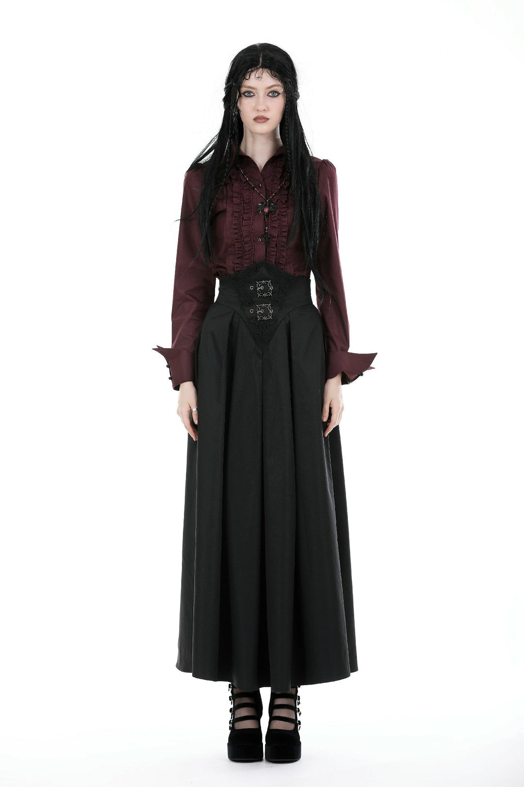 Wine Ruffle Long Sleeve Shirt