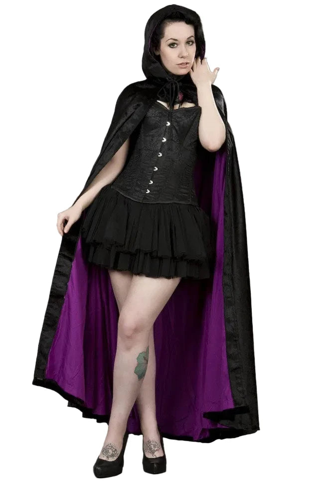 Black & Purple Long Velvet Hooded Cape