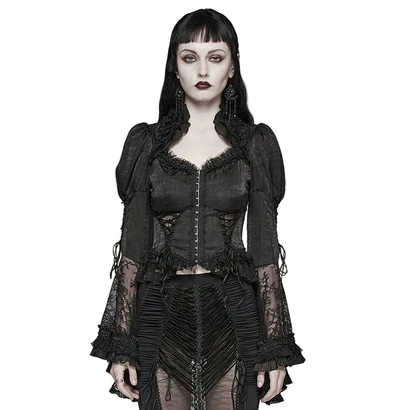Flared Sleeve Lace High Neck Corset Style Blouse