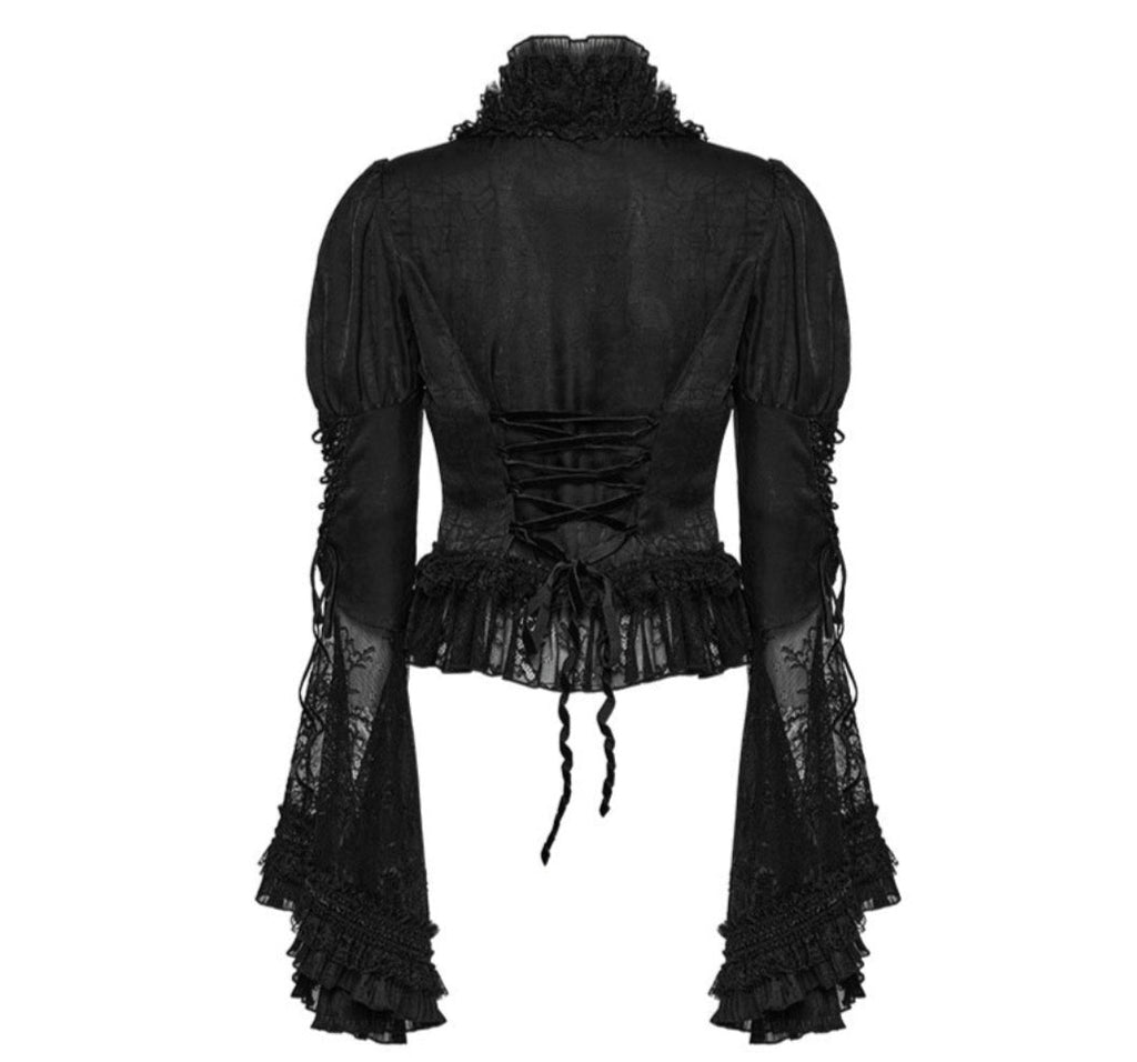 Flared Sleeve Lace High Neck Corset Style Blouse
