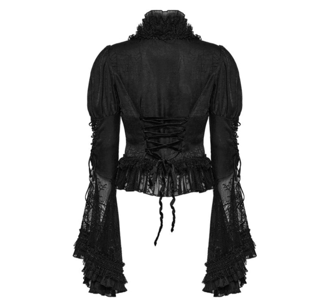 Flared Sleeve Lace High Neck Corset Style Blouse