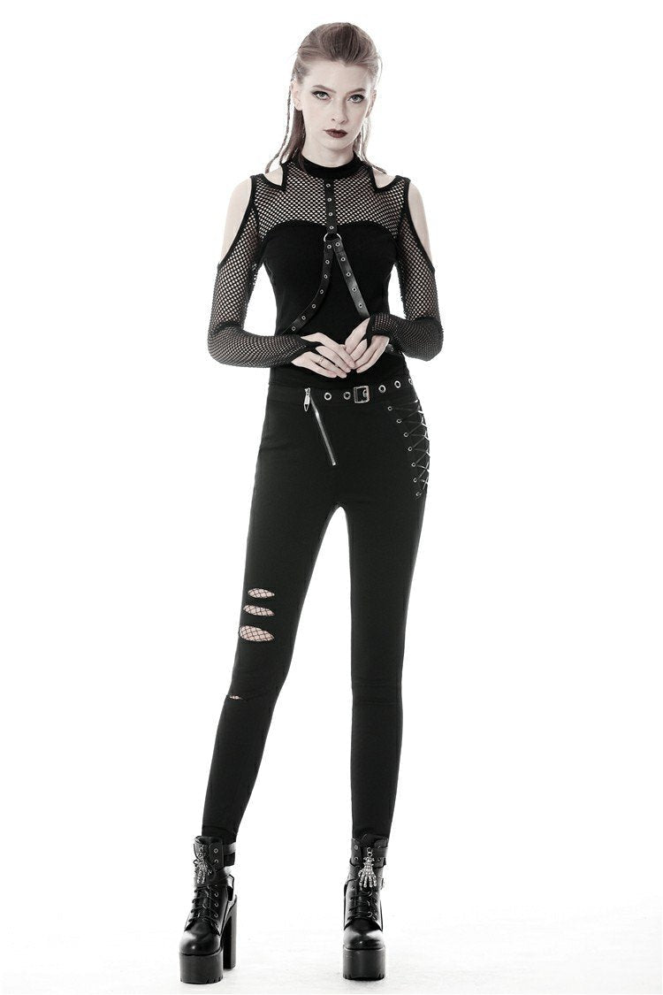 Punk Shoulder Cut Out Net Sleeve Top