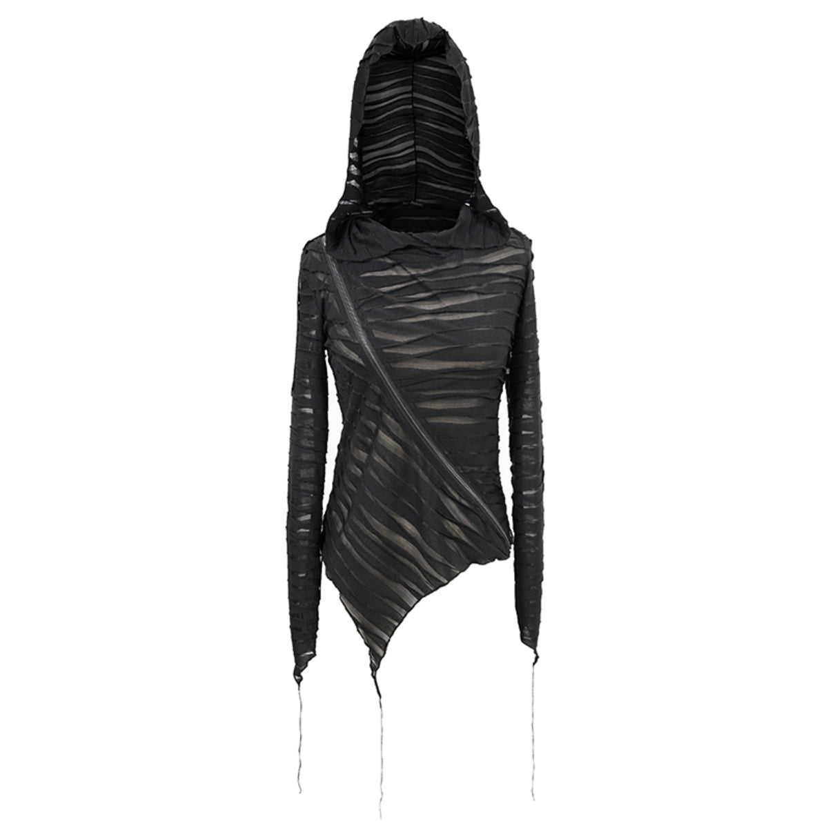 Diagonal Shoulder Zip Sheer Hooded Top