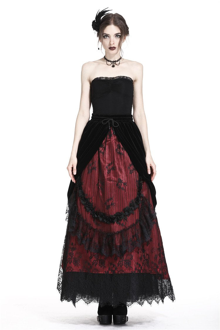 Red Princess Pleat Lace Velvet Maxi Skirt