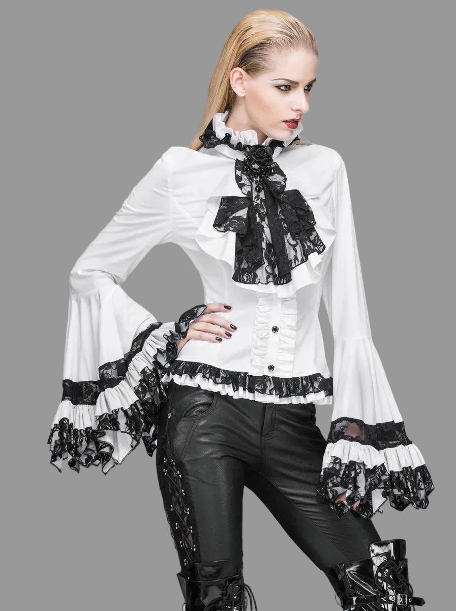 Flared Ruffle Sleeve Rose Cravat White Blouse