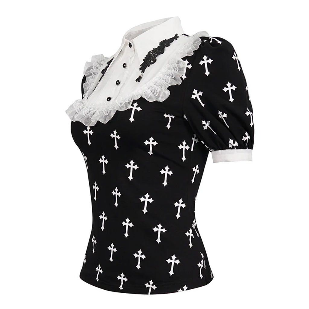 White Frill Crucifix Print Blouse