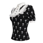 White Frill Crucifix Print Blouse