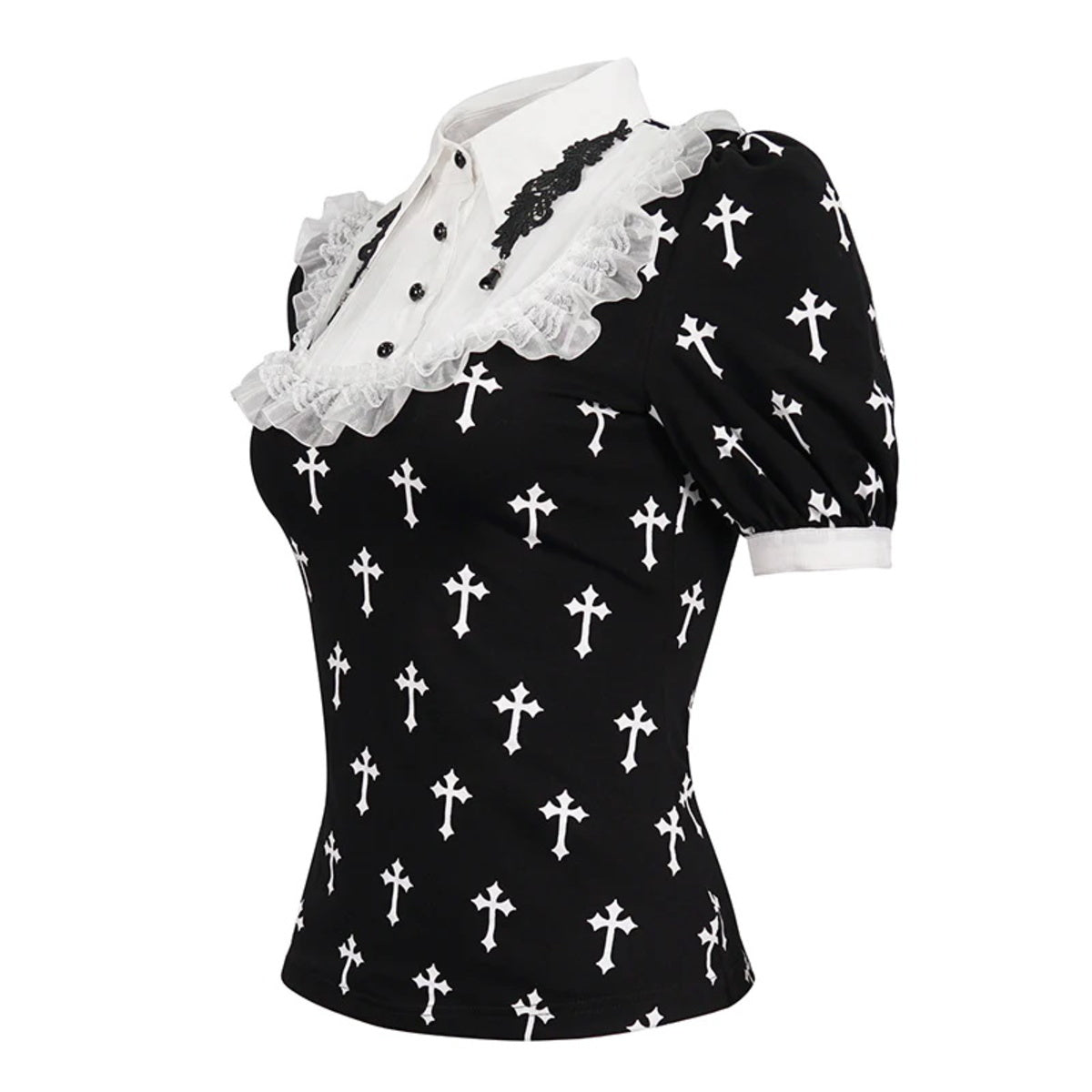 White Frill Crucifix Print Blouse