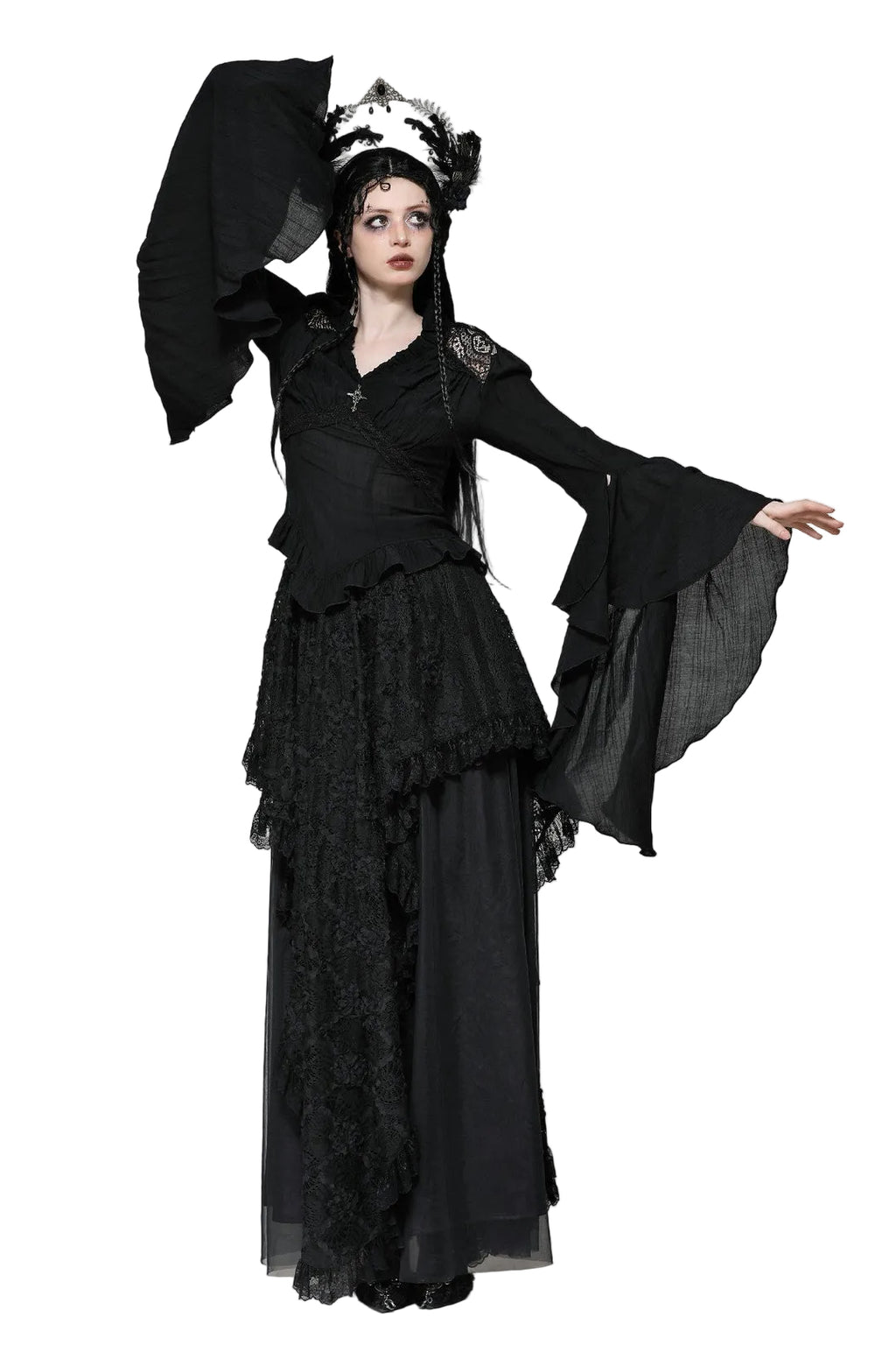 Black Flared Sleeve Crucifix Charm Blouse