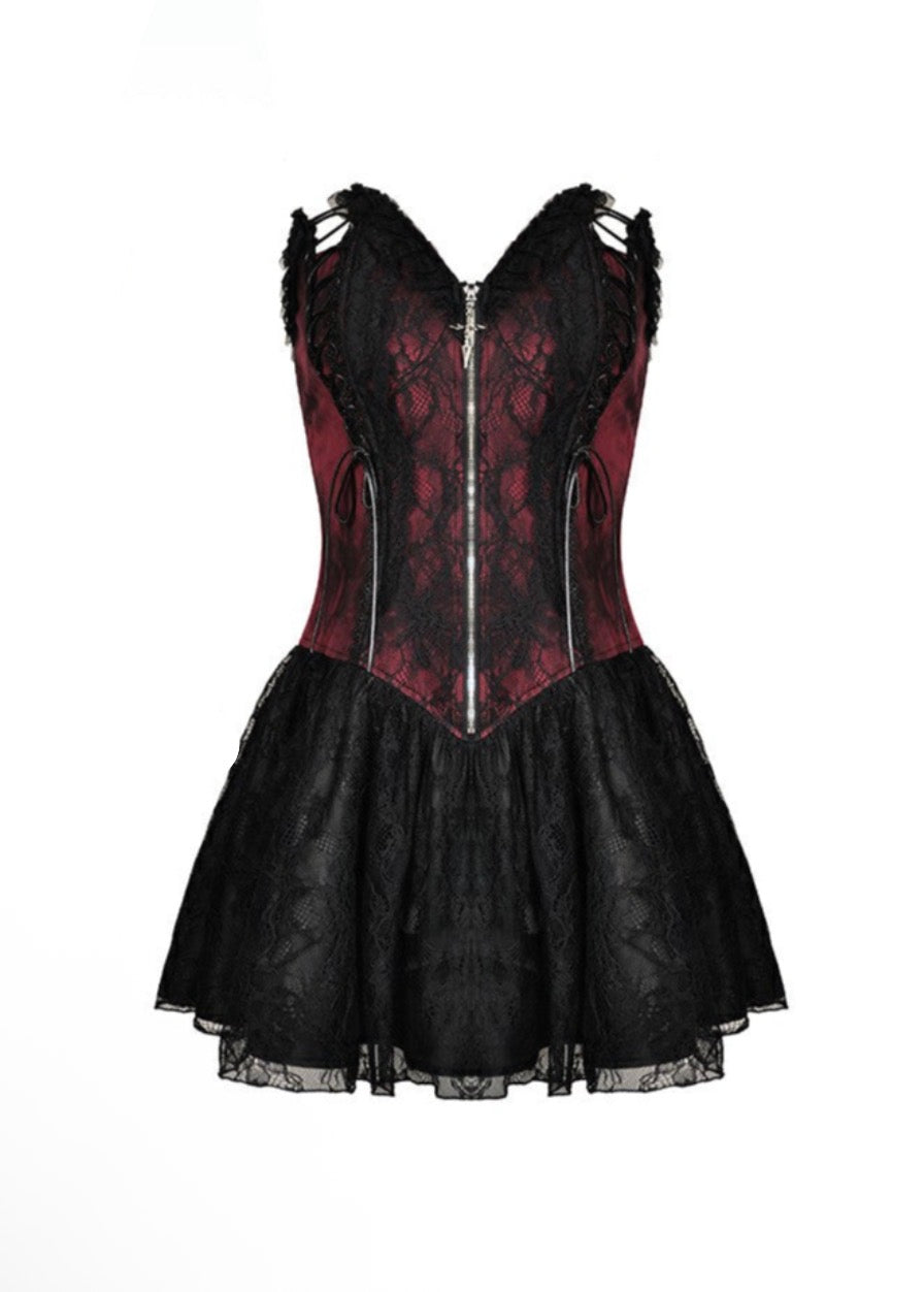 Red Wine Laced Crucifix Zip Mini Dress