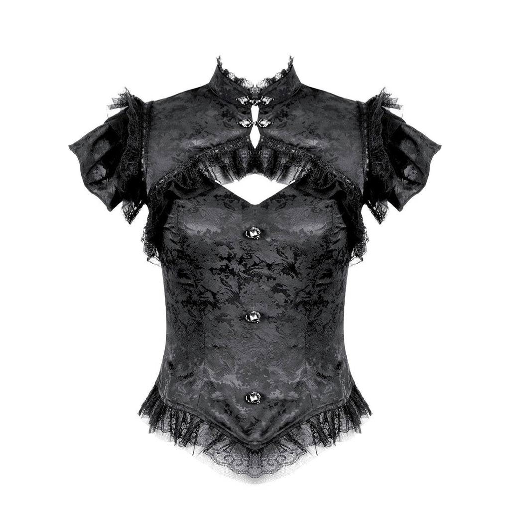 Cutout Crucifix Frill Hem Jacquard Blouse