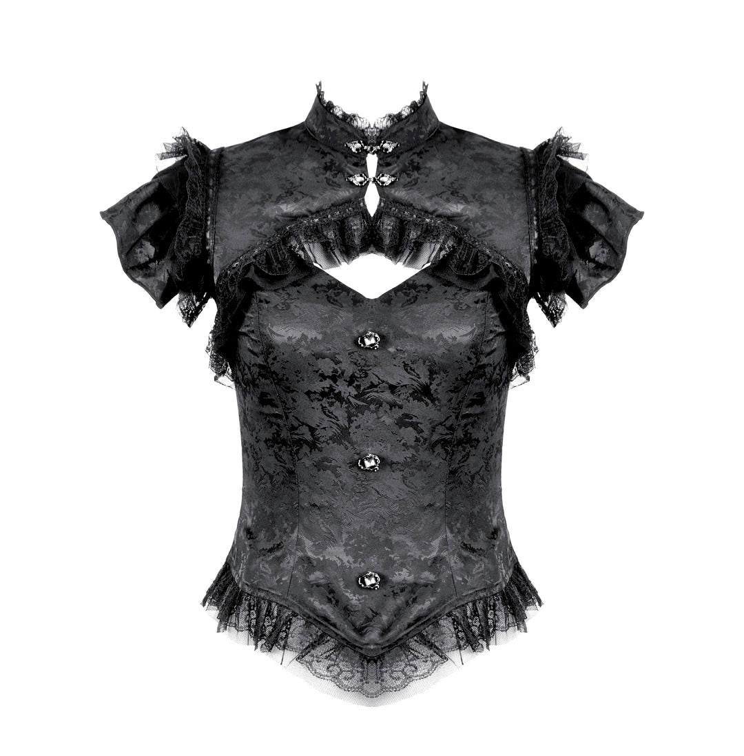 Cutout Crucifix Frill Hem Jacquard Blouse