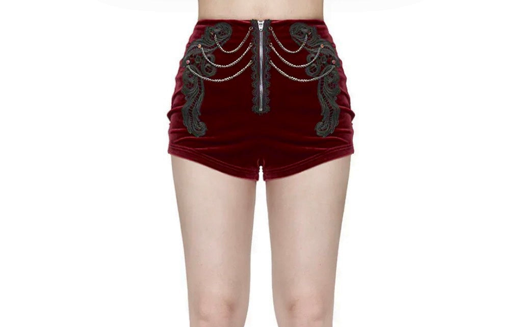 Red Velvet Zip Chain Hot Pants