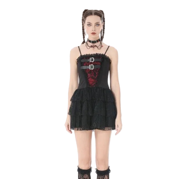 Double Buckle Black & Red Ruffle Lace Dress