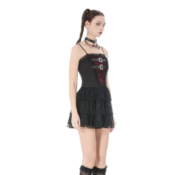 Double Buckle Black & Red Ruffle Lace Dress