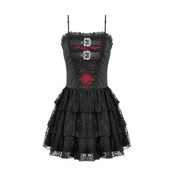 Double Buckle Black & Red Ruffle Lace Dress