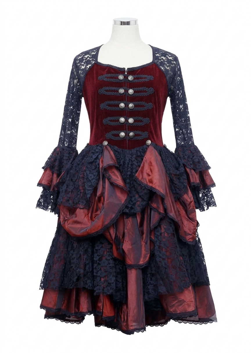 Red Lace Sleeve Ruffle Layered Dress
