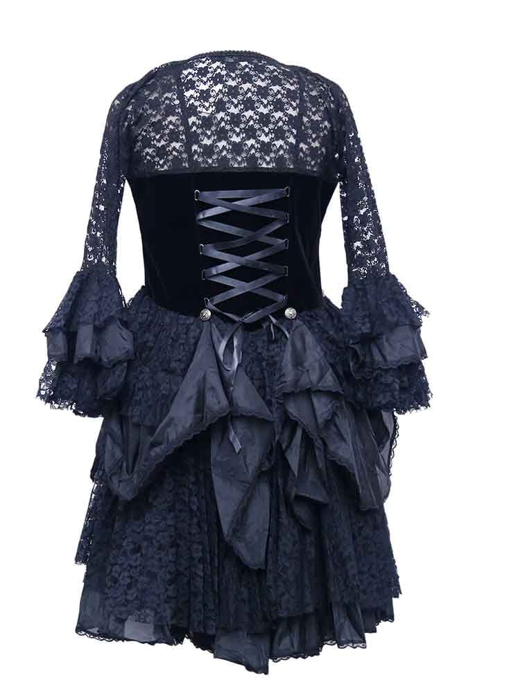 Black Lace Sleeve Ruffle Layered Dress