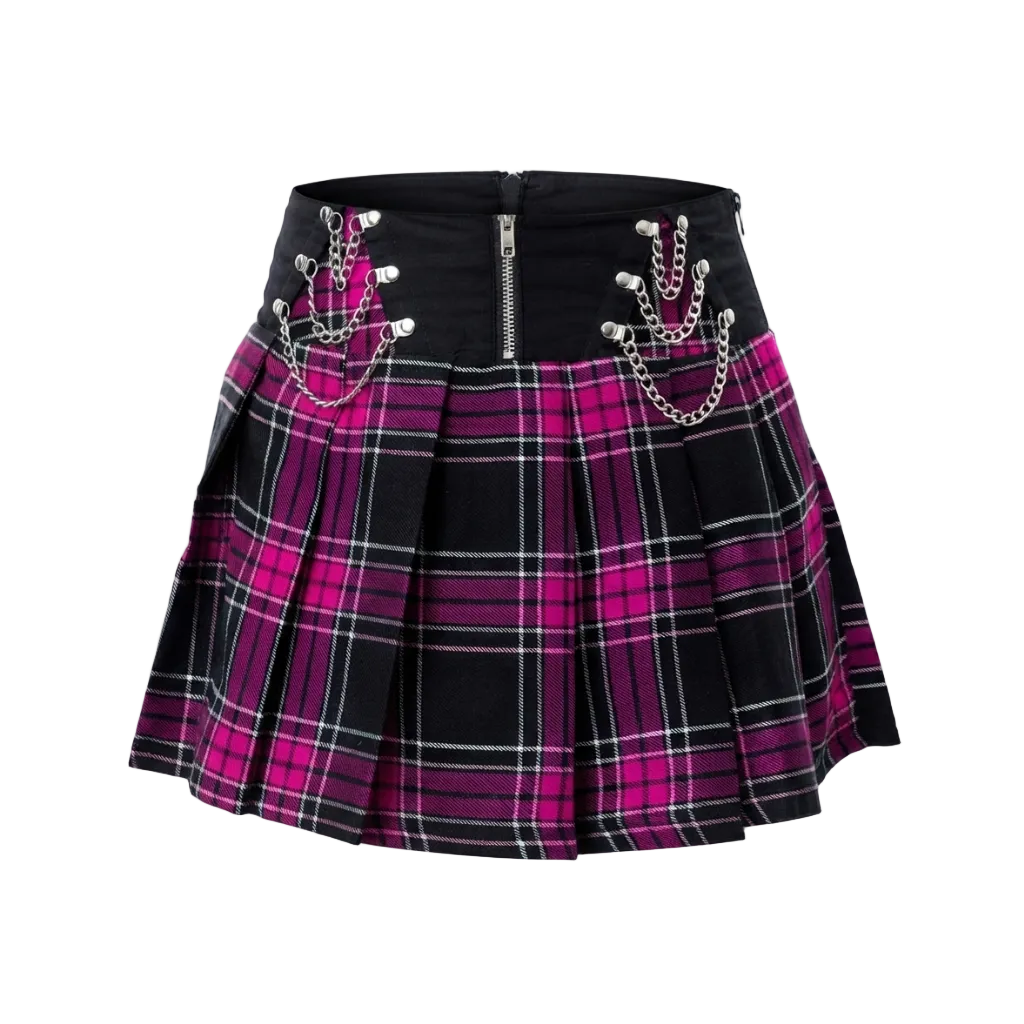 Pink Plaid Chain Mini Skirt
