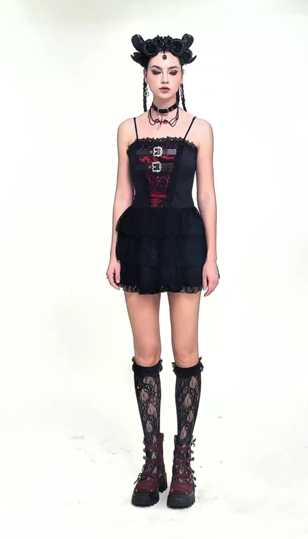 Double Buckle Black & Red Ruffle Lace Dress
